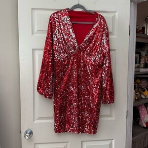 SHEIN Curve 2XL Red Sequin V-Neck Dress